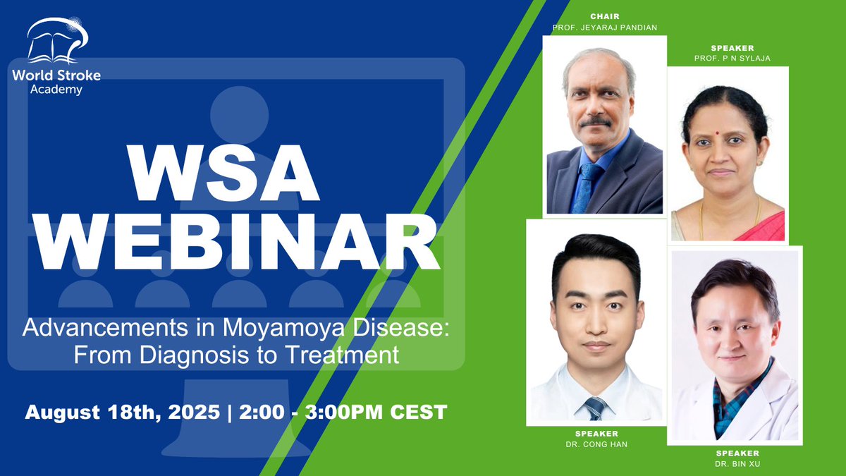 World Stroke Academy (@worldstrokeed) on Twitter photo Upcoming webinar on #Moyamoya disease:🗓️Aug 18th, 2-3pm (CEST)
Chair: <a href="/jeyaraj_pandian/">Jeyaraj Pandian</a>
✅ Clinical Presentation of Moyamoya
✅ Surgical treatment of Moyamoya
✅ Pressure measurement in Moyamoya bypass
𝐑𝐄𝐆𝐈𝐒𝐓𝐄𝐑: us02web.zoom.us/webinar/regist…
#StrokeEducation <a href="/WorldStrokeOrg/">World Stroke Org</a> Upcoming webinar on #Moyamoya disease:🗓️Aug 18th, 2-3pm (CEST)
Chair: <a href="/jeyaraj_pandian/">Jeyaraj Pandian</a>
✅ Clinical Presentation of Moyamoya
✅ Surgical treatment of Moyamoya
✅ Pressure measurement in Moyamoya bypass
𝐑𝐄𝐆𝐈𝐒𝐓𝐄𝐑: us02web.zoom.us/webinar/regist…
#StrokeEducation <a href="/WorldStrokeOrg/">World Stroke Org</a>