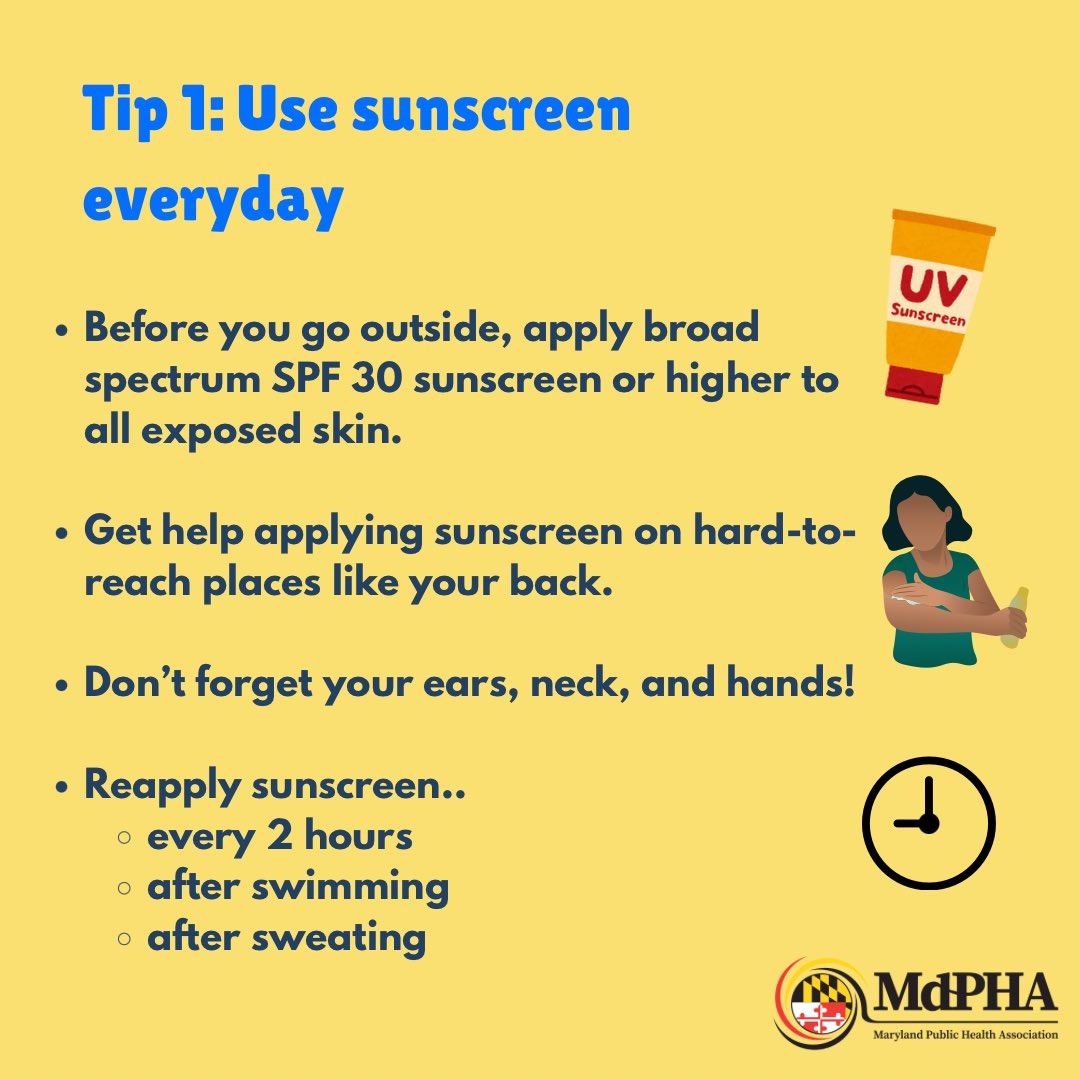 Md_PHA's tweet photo. Nearly 1 in 5 Americans will develop skin cancer in their lifetime, and UV exposure is the leading cause. Implement sun safety practices year-round to protect your skin and your health. Enjoy the sun, avoid the sun damage!☀️🏖️

#sunsafety #skincancerawareness #wearyoursunscreen https://t.co/a15V8O8UJT