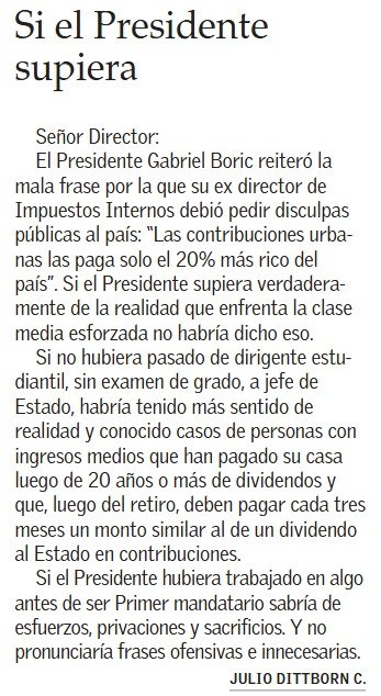 Otra vez <a href="/GabrielBoric/">Gabriel Boric Font</a> emite desafortunadas declaraciones. Somos muchos que no siendo ricos pagamos contribuciones.