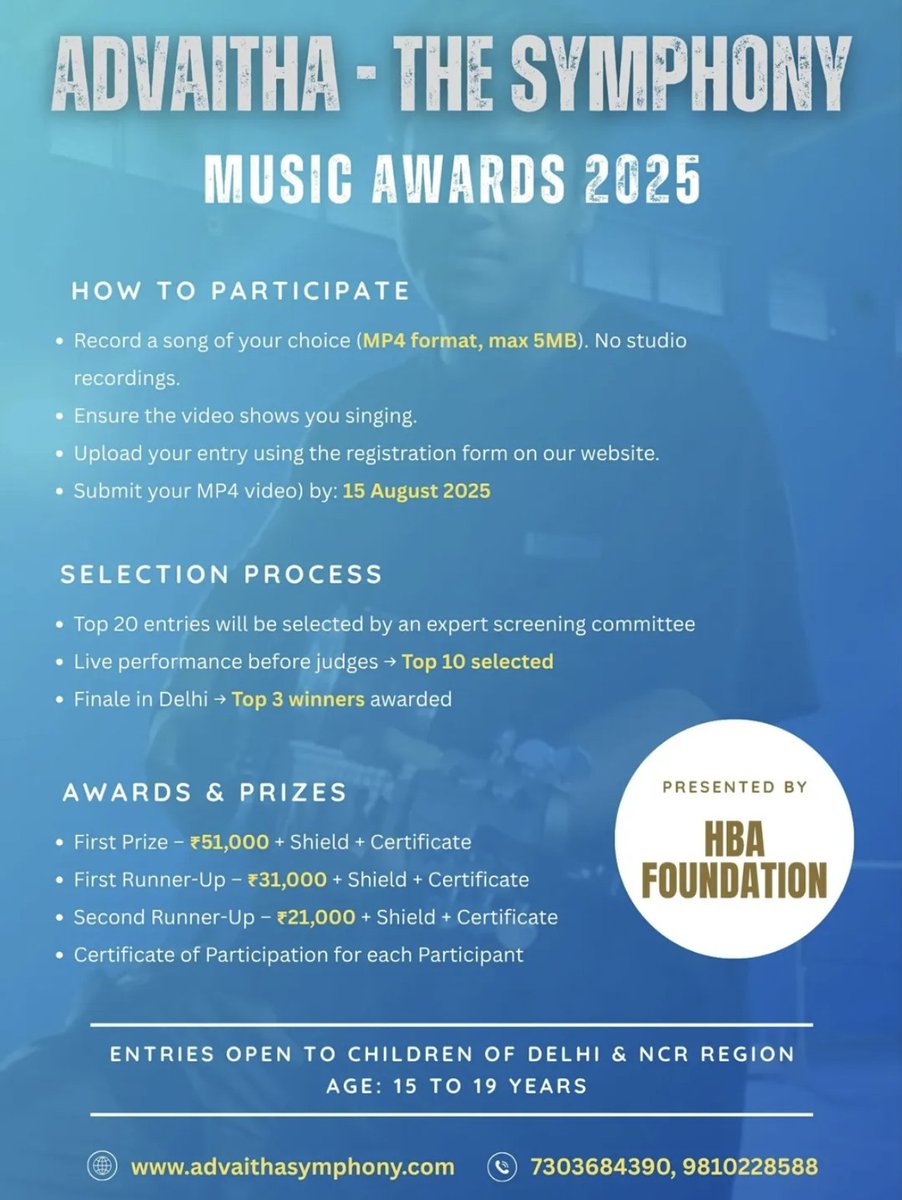🎶He sang with heart—now his voice fuels a mission.
In memory of 18-year-old Advaitha Verma, The Advaitha, Symphony Music Awards 2025 invites Delhi-NCR teens (15–19 yrs) to sing for a cause: drowning prevention.
🔗 advaithasymphony.com
#AdvaithaSymphony