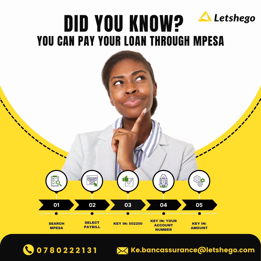 LetshegoKe's tweet image. Repaying your Letshego loan is now simple and fast with M-Pesa. Go to Mpesa&amp;gt;&amp;gt; Paybill502200&amp;gt;&amp;gt;Accountnumber&amp;gt;&amp;gt;Amount&amp;gt;&amp;gt;Pin and you’re done! #EasyRepay#LetshegoCares
#mpesa #letshego