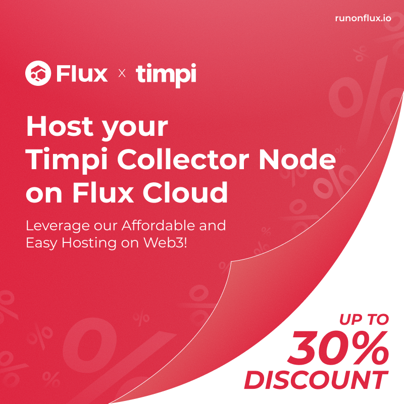 As part of our partnership with Timpi, we are launching an exclusive promotion to support node operators.

Starting July 29, purchase any Timpi node (Collector, Synaptron, or Geo-Core) during the sale and host it on Flux within one month to qualify for a raffle.