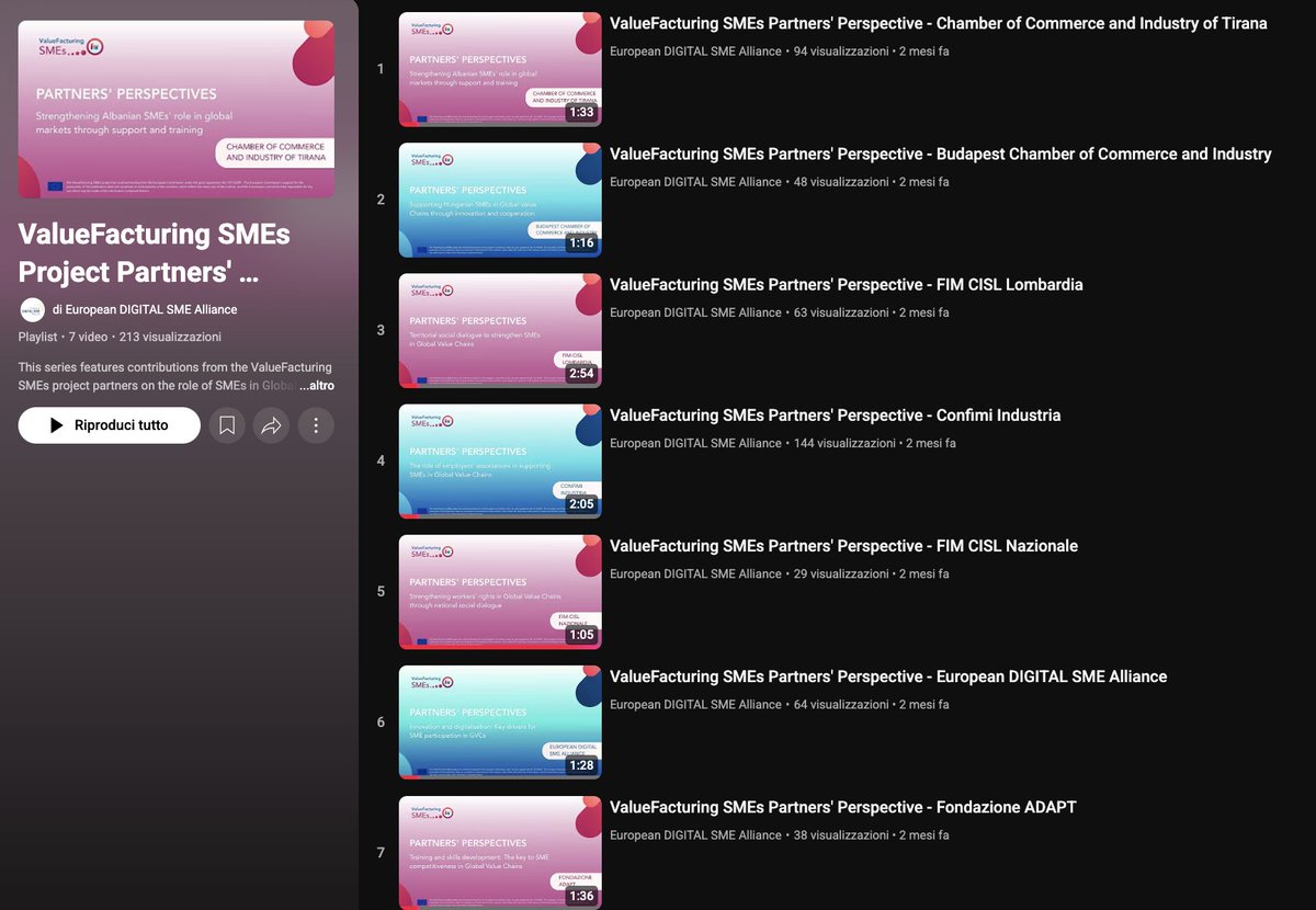 📽️ Key Output #4 – #ValueFacturingSMEs Partner Videos
What have we learned over two years of collaboration?
Check out the key messages from Project partners, available on the YouTube channel of the <a href="/EUdigitalsme/">European DIGITAL SME Alliance</a>
▶️ Watch here: youtube.com/playlist?list=…