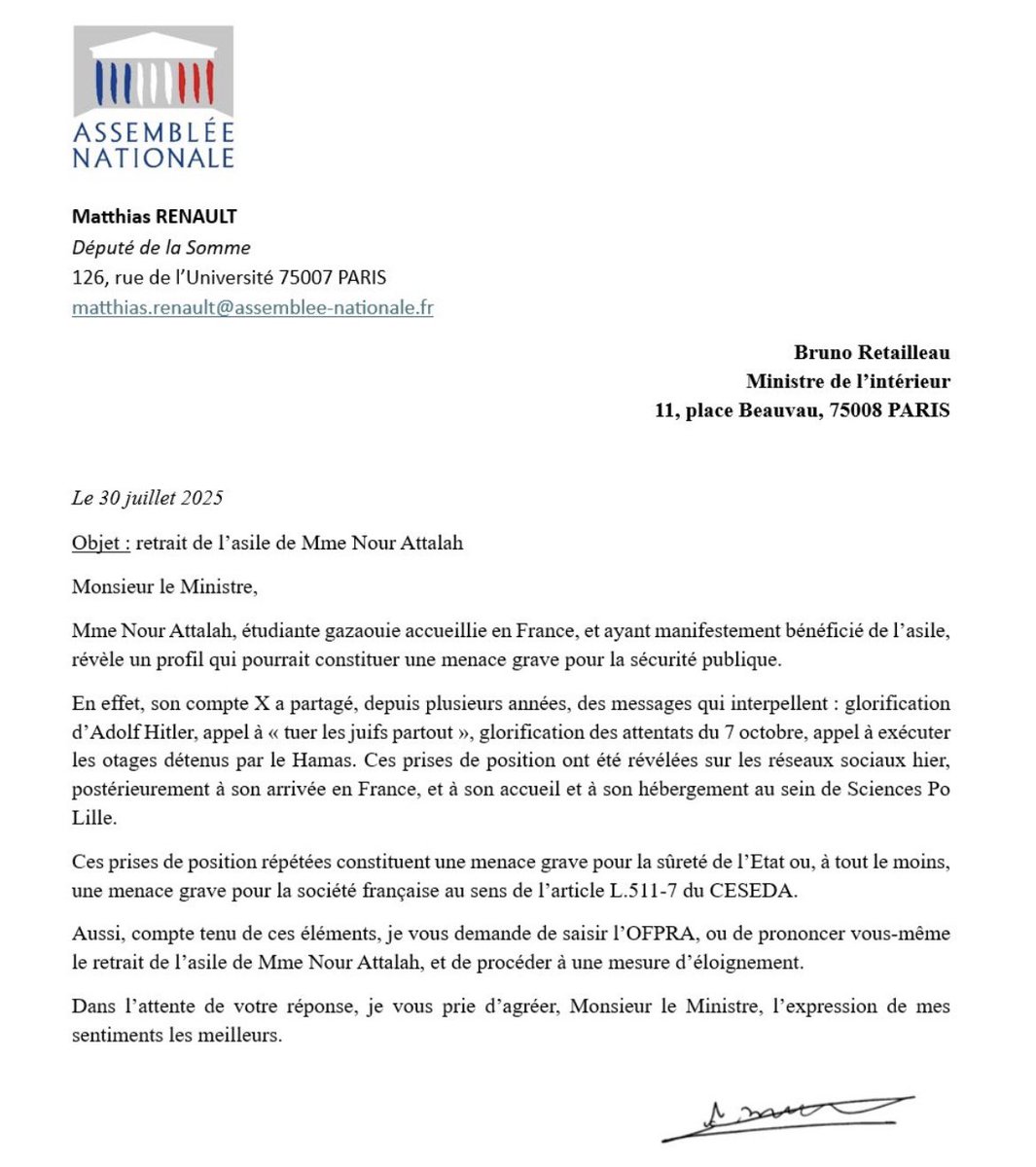 ⚡️Dans une lettre au Ministre de l’Intérieur, Bruno Retailleau, le DÉPUTÉ RN <a href="/MatthiasRN/">Matthias RENAULT</a> demande le retrait du statut de RÉFUGIÉE pour la PALESTINIENNE Nour Attalah, qui a fait L’APOLOGIE d’Hitler sur X, et a relayé des demandes D’EXÉCUTION des otages israéliens en direct.