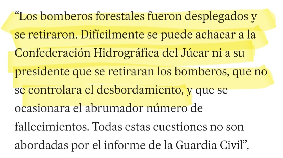 Esto de la jueza es demoledor. La zona donde se unen los barrancos de El Poyo y L'Horteta tiene medidores de caudal que necesitan de la observación para reportar el caudal. Los bomberos FUERON RETIRADOS A LA HORA DE COMER por la Generalitat. Y eso no habrá Guardia Civil q lo tape
