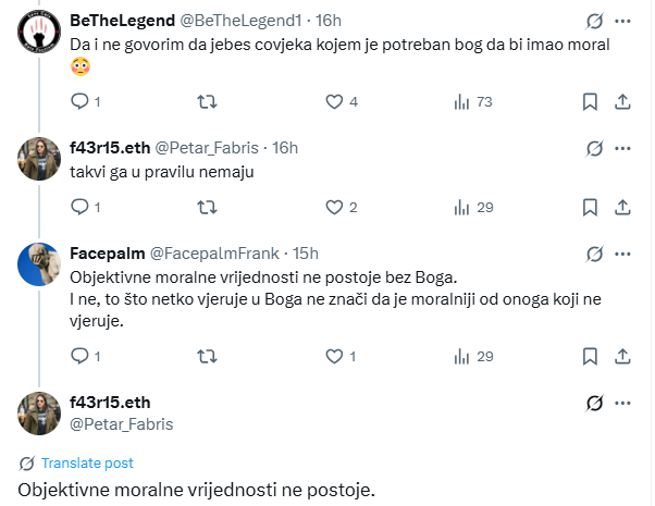 Dobri Petar istodobno govori kako neki nemaju moral i kako objektivni moral ne postoji. Kae s glavom?