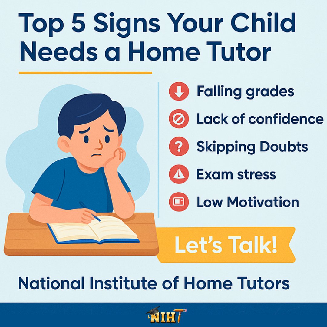 nihthometutor's tweet image. 📉 Noticing your child&apos;s grades dropping or confidence fading?
It could be a sign they need personalized academic support.
Discover the Top 5 Signs Your Child Needs a Home Tutor — and how NIHT can help.

#HomeTutors #NIHT #ParentingTips #StudentSupport #EducationMatters