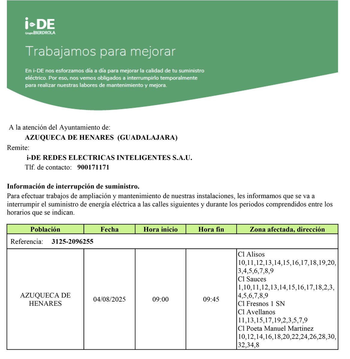 ‼️<a href="/iberdrola/">Iberdrola</a> anuncia una interrupción del suministro eléctrico en #Azuqueca para ampliar y mantener sus instalaciones  🗓️Lunes 4 de agosto 
⏳9:00 a 9:45 h. 
🗺️ Afectará a varios inmuebles de las calles Alisos, Sauces, Fesnos Avellanos y Poeta Manuel Martínez 🔽Más información🔽