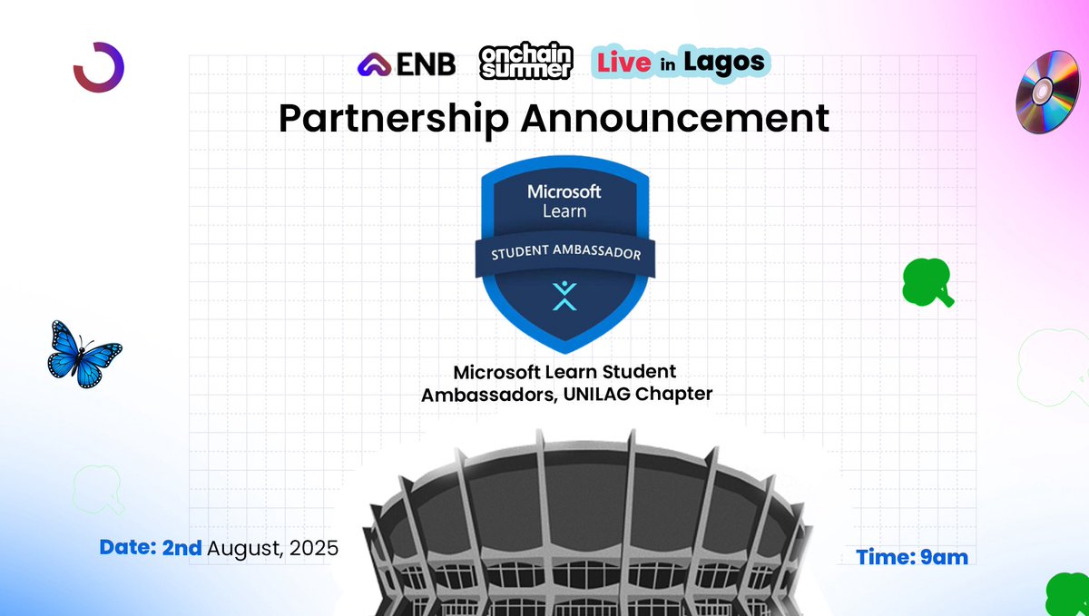 PARTNERSHIP ALERT!

The Microsoft Learn Student Ambassadors, UNILAG Chapter 🤝 ENB, Onchain Summer are teaming up!

📅 Date: 2nd August, 2025
⏰ Time: 9AM
📍 Live in Lagos

This is BIG for techies, creatives &amp; Web3 lovers! 

Register here: lu.ma/dxiuz3qq

Don’t miss!🔥