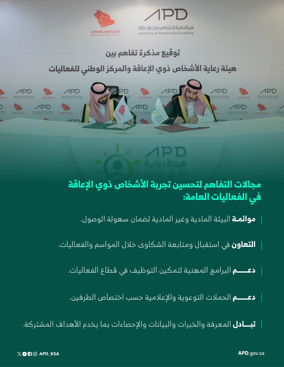هيئة رعاية الأشخاص ذوي الإعاقة توقع مذكرة تفاهم مع المركز الوطني للفعاليات لتحسين تجربة الأشخاص ذوي الإعاقة في الفعاليات العامة نحو مجتمع شامل  وممكن ومتكافئ الفرص.