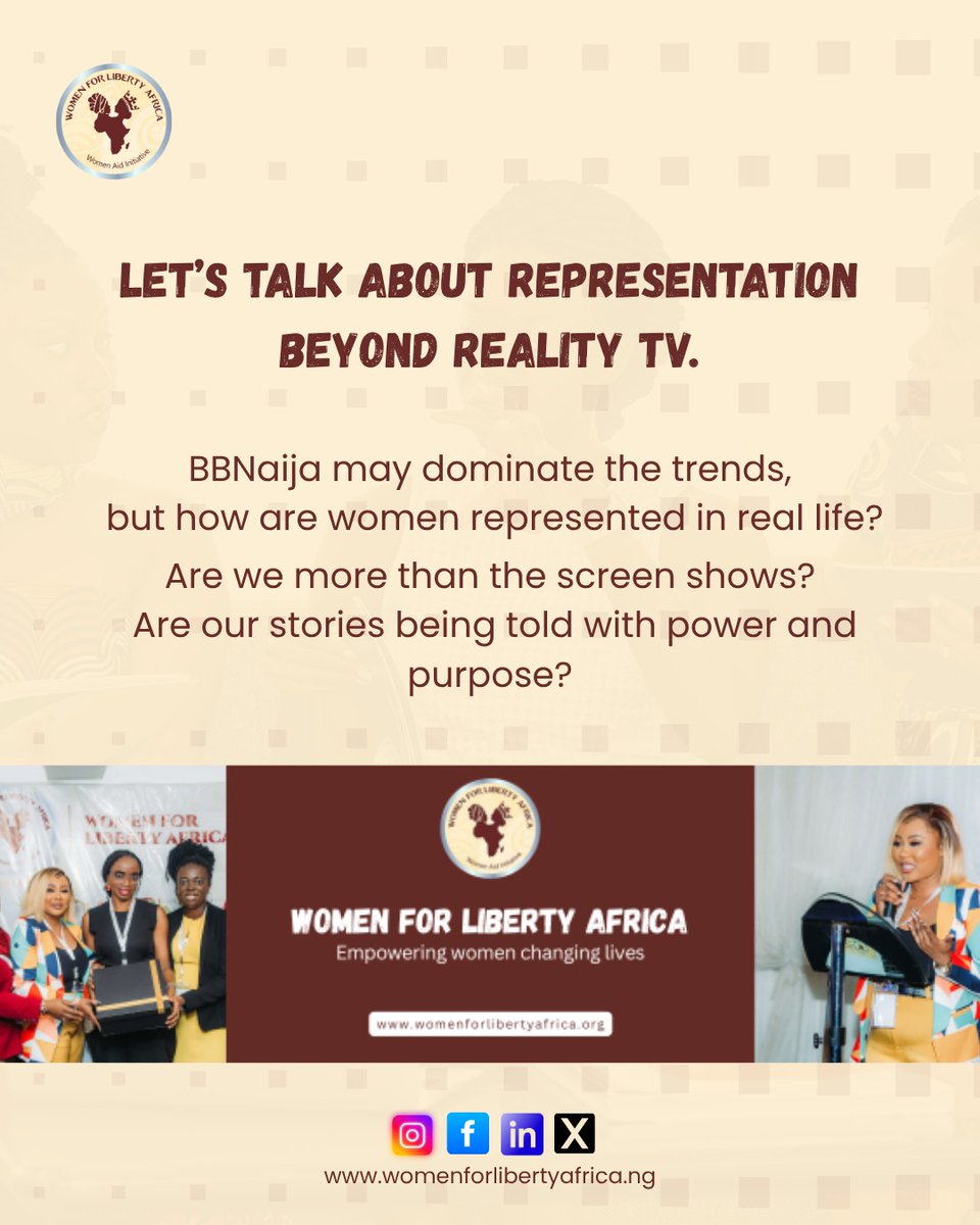 womenforliberty's tweet photo. BBNaija is trending again but let’s zoom out.
How are women really represented in media, leadership, and everyday life?
We’re more than characters, we’re changemakers, storytellers, and leaders.
Let’s take control of the narrative.
#BBNaija #nigeriangirl #wfla https://t.co/0wCw3EpjWM
