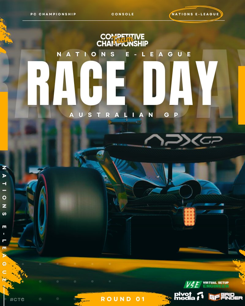 It's Race Day 👈

🇦🇺 8pm CET 
🎙 <a href="/111are_Comm/">111are Commentary</a>
🎙 <a href="/IvorBrynMike/">Michael Edwards</a>

10 Nations Fight it out in the Nations E-League
🇫🇷🇪🇸🇨🇿🇫🇮🇧🇷🇦🇺🇩🇪🇵🇱🇳🇱🇺🇸

Check it out ⤵️
youtube.com/live/UW1Ntnkdf… 

<a href="/GridFinder/">Grid Finder | Sim Racing</a> <a href="/PivotMediaGG/">Pivot Media</a> <a href="/LeagueRacingTV/">League Racing TV 🎦</a> <a href="/vsetupengineer/">Virtual Setup Engineer</a>

#F125 #CTC