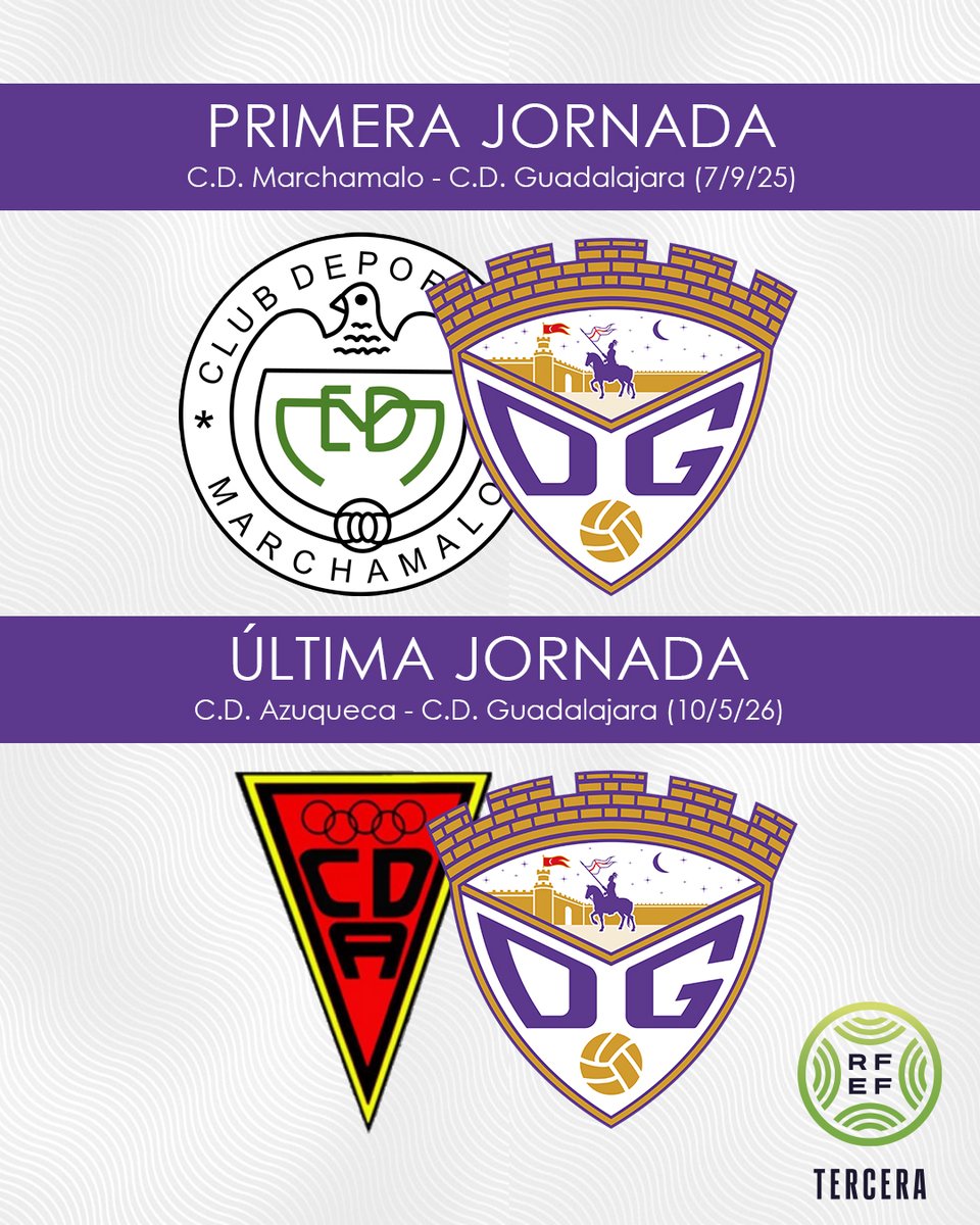 C.D. Guadalajara - Cantera (@cdg_cantera) on Twitter photo ¡Empezamos y acabamos la liga a lo grande! 🔝
Primera jornada
🆚 <a href="/CD_Marchamalo/">CD Marchamalo</a>
🏟️ La Solana
Última jornada
🆚 <a href="/CDAzuqueca/">C.D. Azuqueca</a>
🏟️ San Miguel
Calendario completo a las 13:00h en <a href="/FFCM_es/">FFCM</a> ¡Empezamos y acabamos la liga a lo grande! 🔝
Primera jornada
🆚 <a href="/CD_Marchamalo/">CD Marchamalo</a>
🏟️ La Solana
Última jornada
🆚 <a href="/CDAzuqueca/">C.D. Azuqueca</a>
🏟️ San Miguel
Calendario completo a las 13:00h en <a href="/FFCM_es/">FFCM</a>