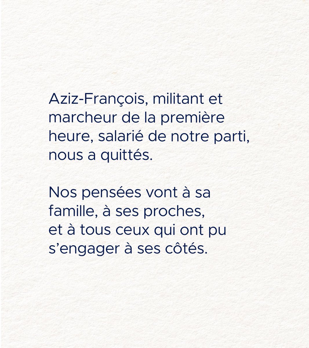 Aziz-François Ndiaye nous a quittés.

Marcheur de la première heure, il était devenu cette figure familière et amicale de notre parti politique.

Référent dans les Yvelines, il n’a jamais cessé de croire en notre projet, de le défendre avec force et fidélité.

Jusqu’au bout, il