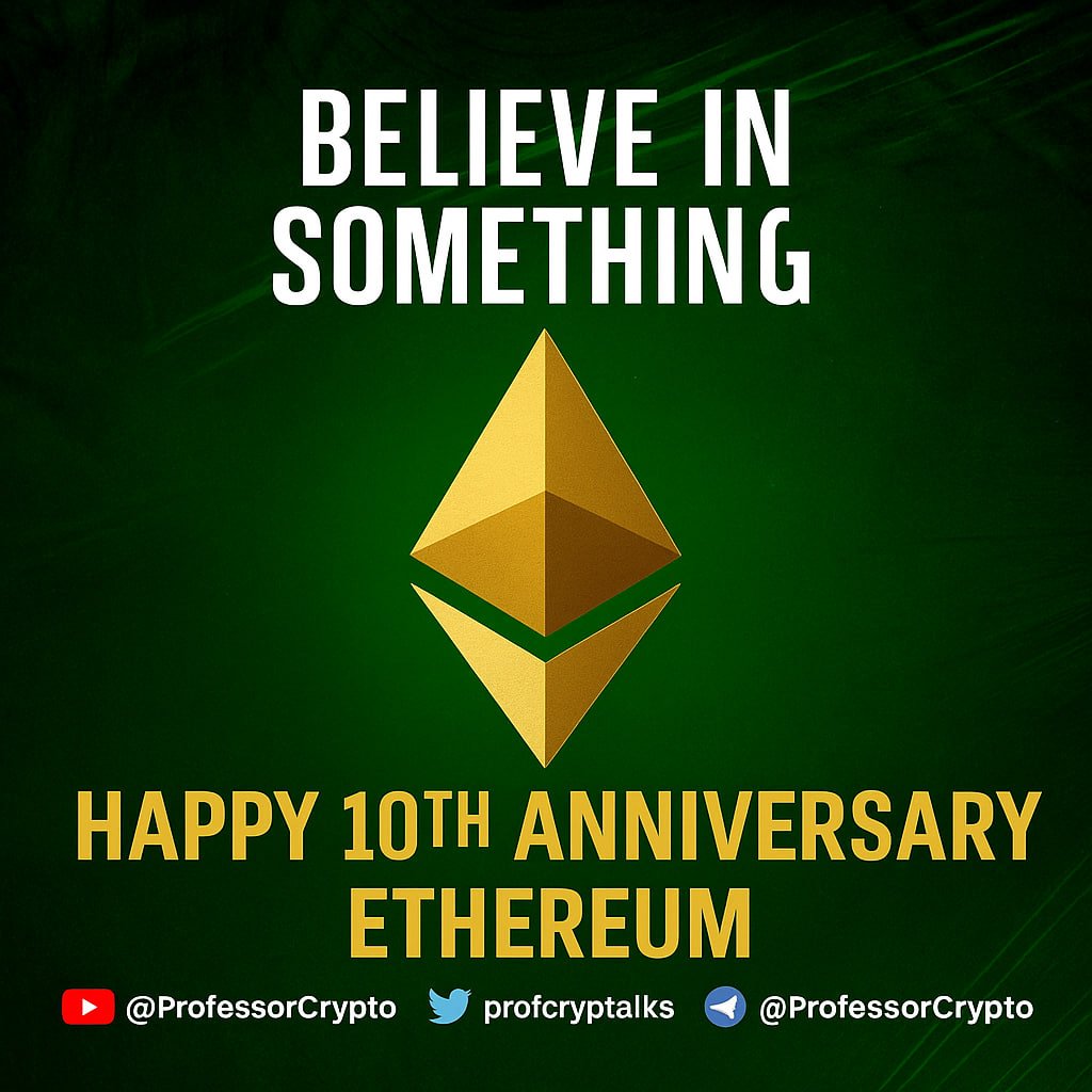 Ethereum turns 10 today. 💜 Launched on July 30, 2015, the genesis block  marked the beginning of a new era. In just 10 years, $ETH has evolved from  an experimental smart contract