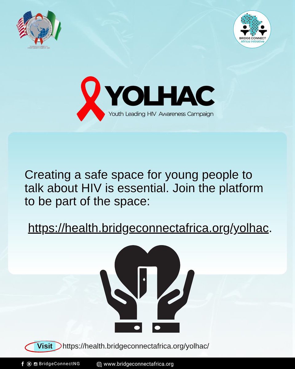 Creating a safe space for young people to talk about HIV is essential. Join the platform to be part of the space:
health.bridgeconnectafrica.org/yolhac.

#YOLHAC #EndHIVStigma #EndAIDS  #PEPFARNigeria #PEPFARsmallgrants #BCAI