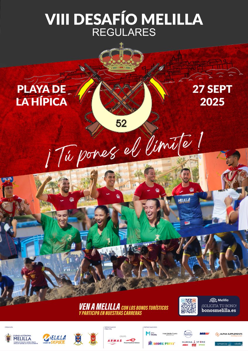 Ya puedes inscribirte en el VIII Desafío de Regulares.

🧑‍🤝‍🧑Binomios y trinomios masculinos y mixtos.
🚧 Desafío-junior con 4 kilómetros y 15 obstáculos
👦🏼 Mini-Desafío para los más atrevidos de la casa.

➡ Inscripciones: melillaciudaddeldeporte.es

#MelillaDeporte #NuestroDeporte