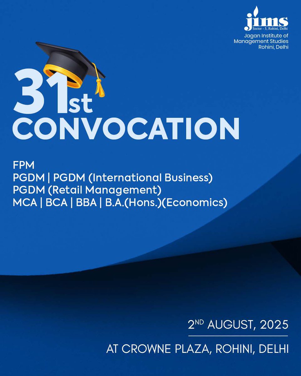 #JIMSRohini is proud to host its 31st #Convocation Ceremony on 2nd August 2025 at Crowne Plaza, Rohini, Delhi. As we honor the #academic achievements of our #Students  from FPM, #PGDM, PGDM International Business, PGDM Retail Management, #MCA , #BCA, #BBA and B.A. (Hons.) Eco.