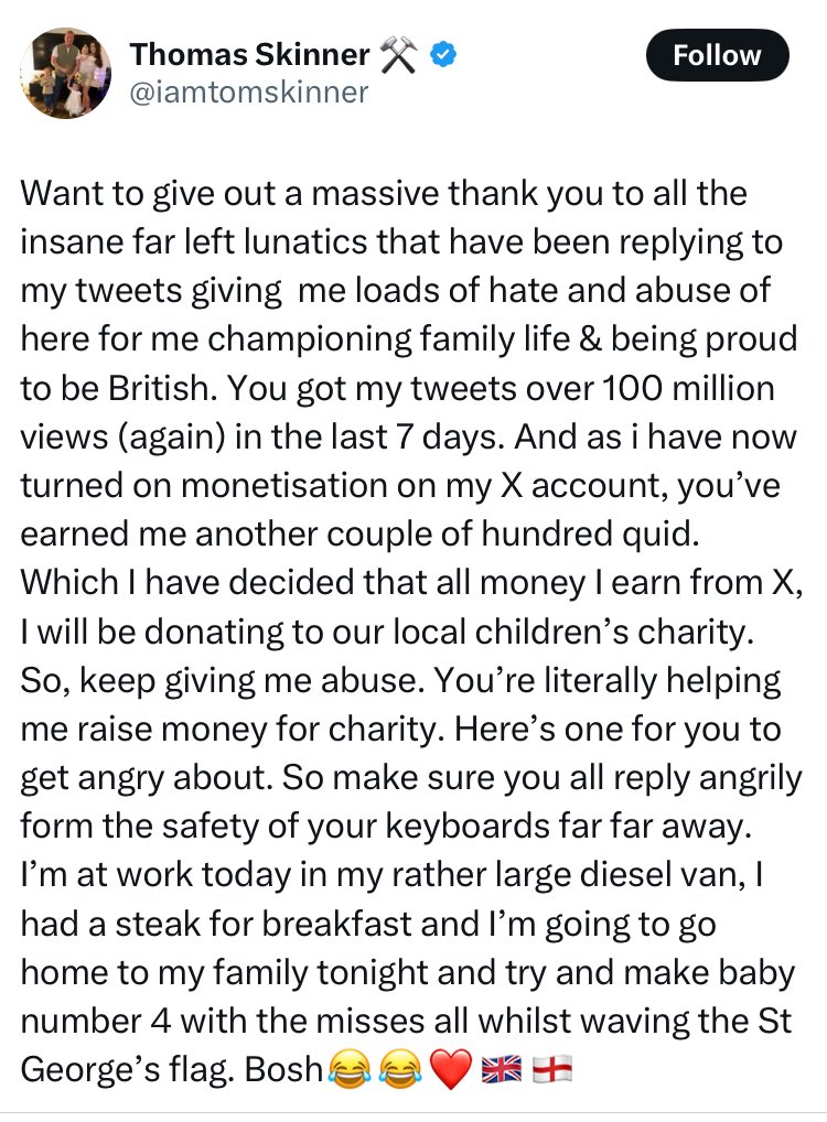 Log the fuck off man. The eating curry lasagne and chips at 4am thing was funny for a bit, but this new bit is shit. Britain is already heavily saturated with thin skinned dickheads saying and posting shit like this for cash and clout. Its partly why the country is such a mess