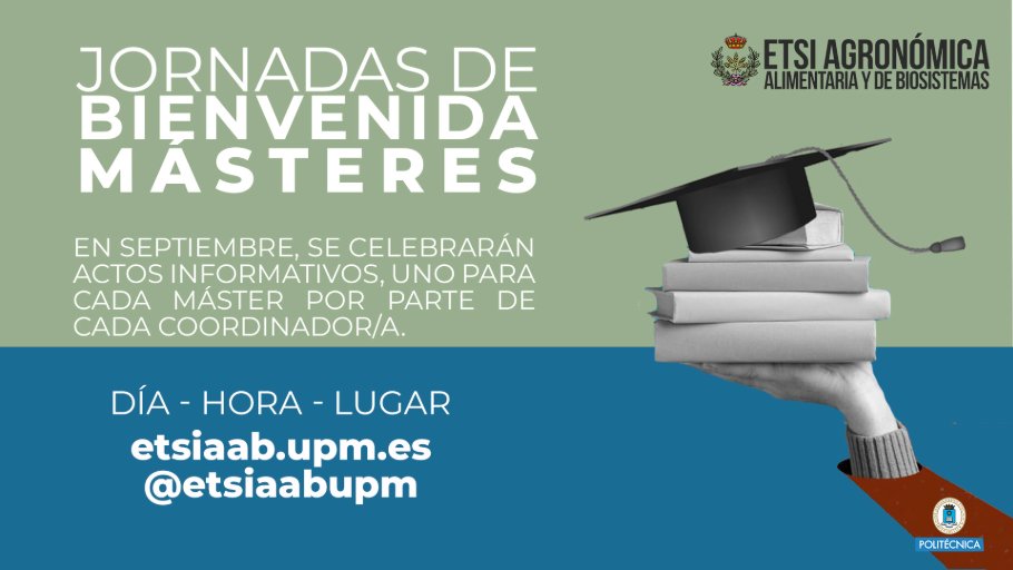 ➡ Actos de bienvenida para el nuevo alumnado de máster   

Toma nota: los diferentes másteres que se imparten en la Escuela celebran jornadas de presentación en diferentes días y horarios a lo largo del mes de septiembre.   

➕etsiaab.upm.es/Centro/Gabinet… 

#masterETSIAAB