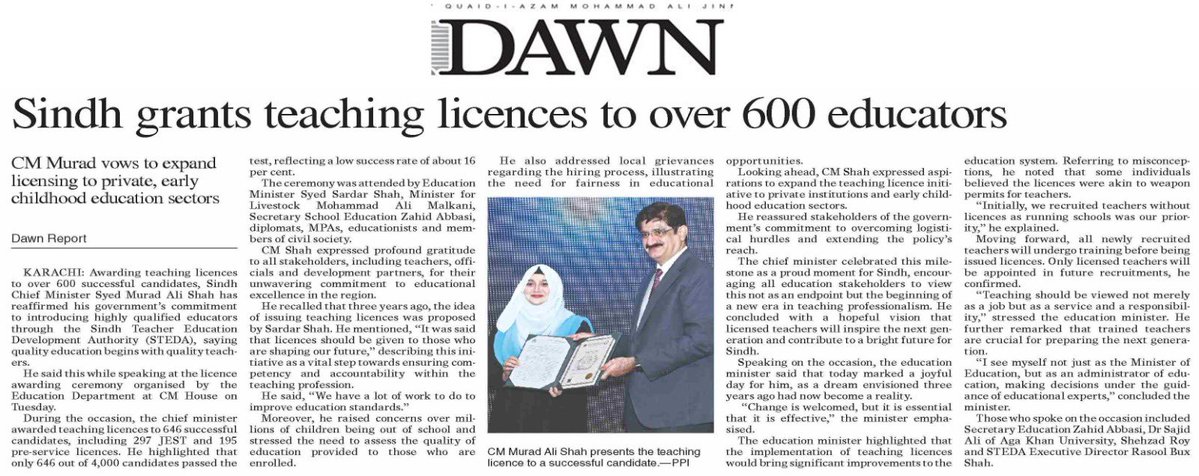 The #SindhGovt took lead in country to introduce teaching license in order to uplift the teachers dignity and standard in the province . 
#SindhGovt #SindhEducation #SindhAwardsTeachingLicense 

dawn.com/news/1927491/s…