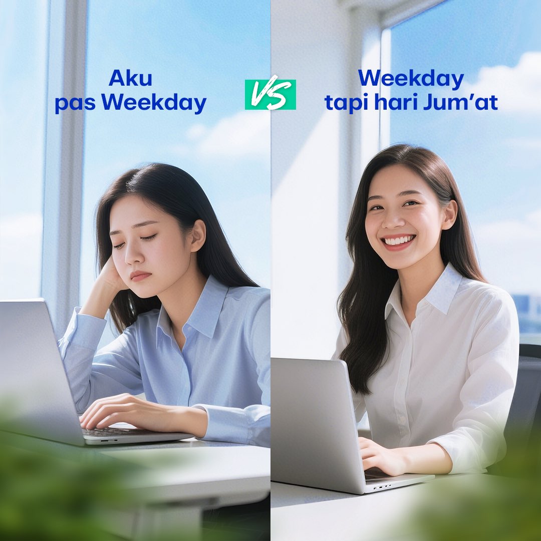 Rasanya tiap Jumat tuh kayak tiba-tiba full energinya 🔋
Kerja tetap jalan, tapi vibes-nya udah weekend banget 😎

Ada rencana healing tipis-tipis besok? Drop di reply ya! 👇

#WeAreMore