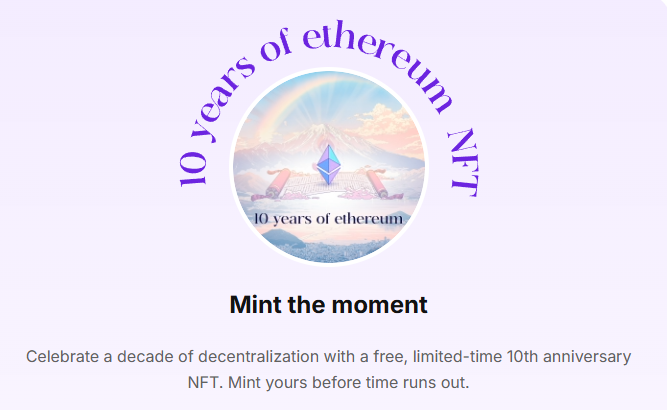 🎉 I have my free 10th-Anniversary collectible NFT from ethereum.org 🔷 Celebrating a decade of open, decentralized innovation. Join me 👉 ethereum.org/en/10years/ #Ethereum10
