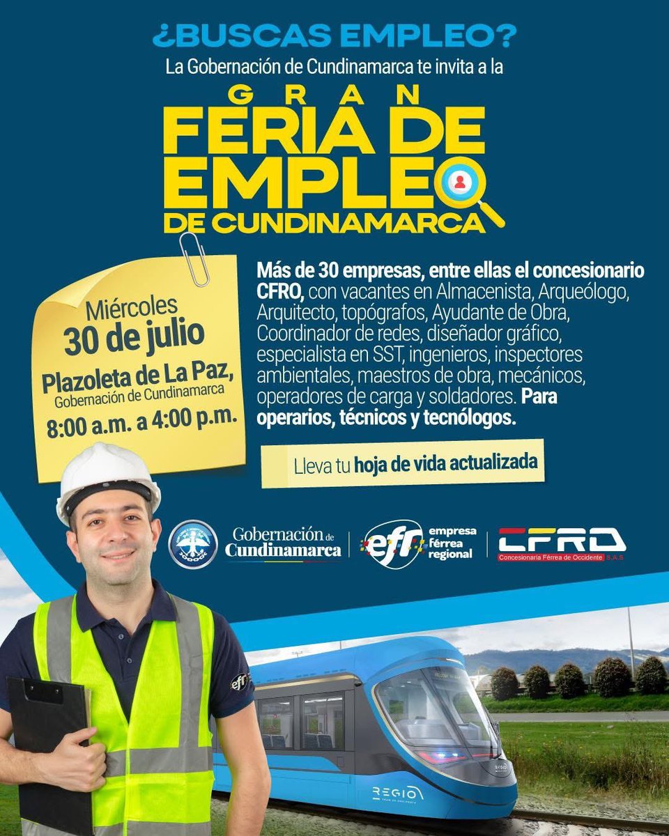 Los invito a participar en la feria de empleo que nos permitirá vincular personal técnico y operativo en la construcción de RegioTram de Occidente. Igualmente, más de 30 empresas se vinculan a esta feria de empleo con más vacantes.

Hoy, miércoles 30 de julio, nos vemos en la