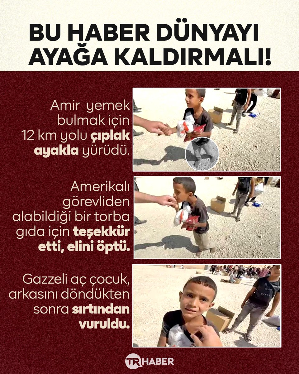 Küçük Amir’i aç bıraktılar, yürüttüler, öldürdüler.

Bu katliamın adı: ABD-İsrail ortaklığı.

▪️12 kilometreyi yalın ayak yürüyen Amir ABD’li askerin zoruyla elini öptü, teşekkür etti. Arkasını dönmesiyle İsrail askeri kurşunu sırtına saplandı.