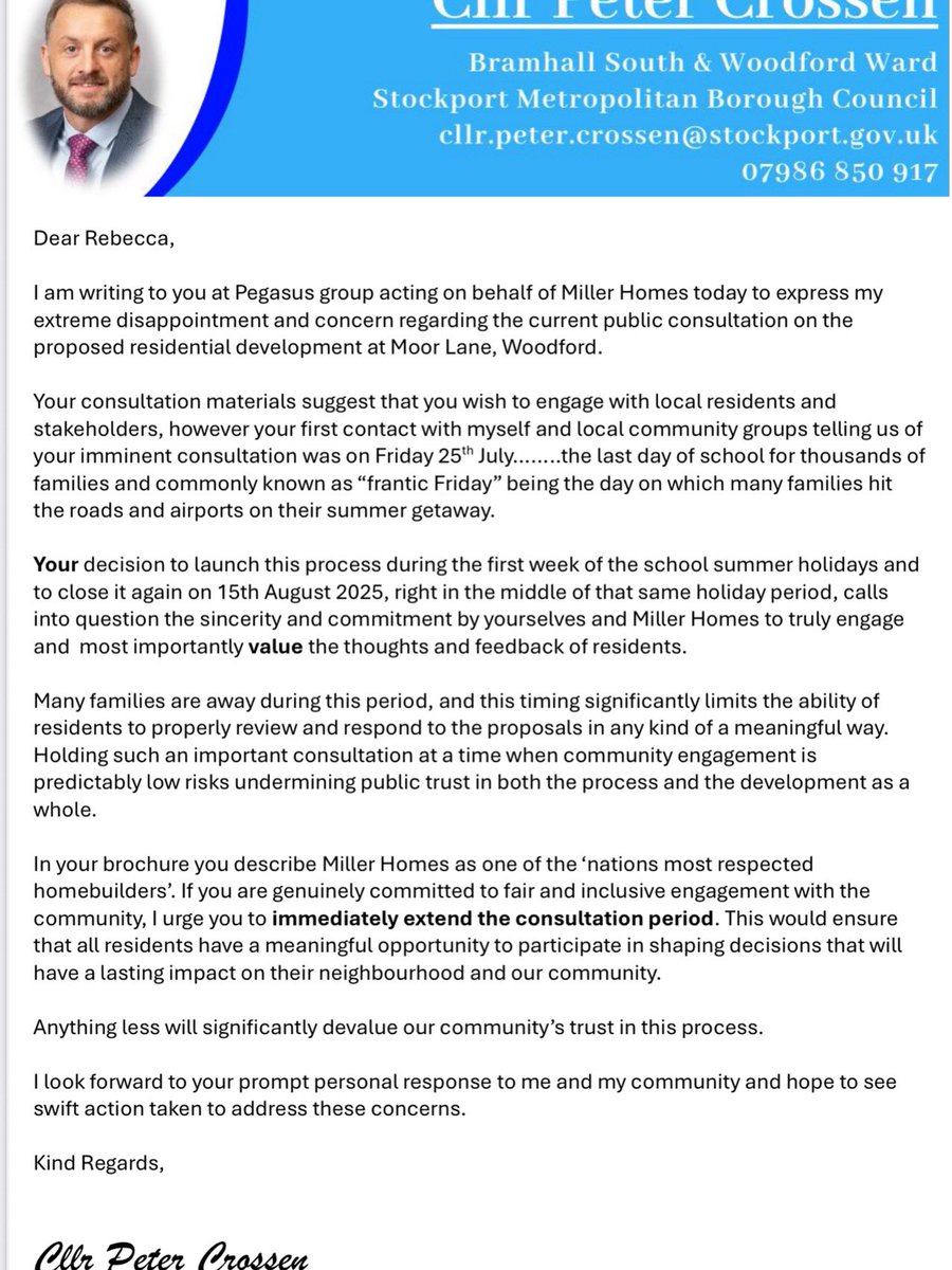🚨‼️‼️ Bramhall and Woodford are currently at the centre of a developer free-for-all in Stockport. 

As I’ve said before, both the council and developers share a responsibility to ensure that new homes are distributed fairly across the borough.

Infrastructure is critical — we
