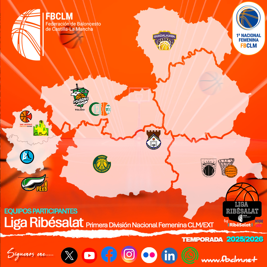 #LigaRibéSalat | Calendario Oficial Temporada 2025-2026 de la Liga de 1ª Nacional de Castilla-La Mancha y Extremadura Femenina.
🏀GRUPO ÚNICO
CALENDARIO COMPLETO - JORNADA 1👇👇
📰 fbclm.net/ligaribesalat-…
#PasionXBasketCLM <a href="/FExB/">Federación Extremeña de Baloncesto</a>