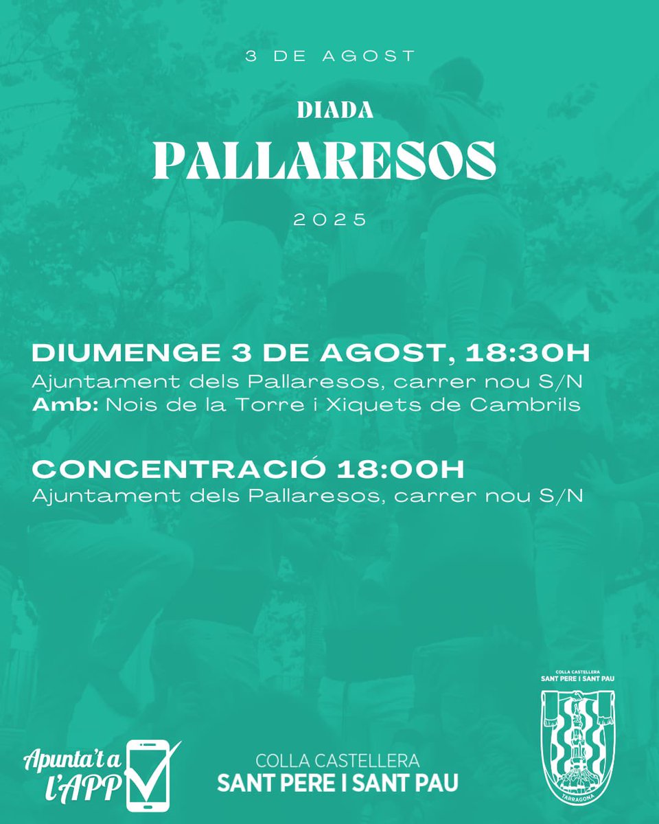 CC Sant Pere i Sant Pau (@ccspisp) on Twitter photo 💚 Aquest diumenge donem tret de sortida a l’agost amb la DIADA ALS PALLARESOS!
🫂 Actuem amb <a href="/nois1975/">Nois de la Torre</a> i <a href="/XiquetsCambrils/">Xiquets de Cambrils</a>
📍Carrer Nou, Pallaresos
🕡 18.30h: inici de la diada (concentració a plaça a les 18.00h)
Gaass!!💚🔥
#castells #castellers #castelleres 💚 Aquest diumenge donem tret de sortida a l’agost amb la DIADA ALS PALLARESOS!
🫂 Actuem amb <a href="/nois1975/">Nois de la Torre</a> i <a href="/XiquetsCambrils/">Xiquets de Cambrils</a>
📍Carrer Nou, Pallaresos
🕡 18.30h: inici de la diada (concentració a plaça a les 18.00h)
Gaass!!💚🔥
#castells #castellers #castelleres