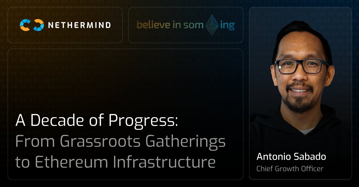 Nethermind (@nethermindeth) on Twitter photo 🚀 Ethereum turns 10.
Our Chief Growth Officer <a href="/ant_sabado/">Antonio Sabado | Nethermind</a> reflects on Ethereum’s early days, from London meetups and workshops with <a href="/tkstanczak/">Tomasz K. Stańczak</a>, <a href="/stonecoldpat0/">Patrick McCorry 🐋</a>, <a href="/matthewdif/">Matthew Di Ferrante</a>, <a href="/nicksdjohnson/">nick.eth</a>, <a href="/andysigner/">Andrei Baloiu</a>, <a href="/extropyLaurence/">Laurence</a> & <a href="/aliazam2251/">Ali Azam</a> and to the early days of Nethermind.
These 🚀 Ethereum turns 10.
Our Chief Growth Officer <a href="/ant_sabado/">Antonio Sabado | Nethermind</a> reflects on Ethereum’s early days, from London meetups and workshops with <a href="/tkstanczak/">Tomasz K. Stańczak</a>, <a href="/stonecoldpat0/">Patrick McCorry 🐋</a>, <a href="/matthewdif/">Matthew Di Ferrante</a>, <a href="/nicksdjohnson/">nick.eth</a>, <a href="/andysigner/">Andrei Baloiu</a>, <a href="/extropyLaurence/">Laurence</a> & <a href="/aliazam2251/">Ali Azam</a> and to the early days of Nethermind.
These