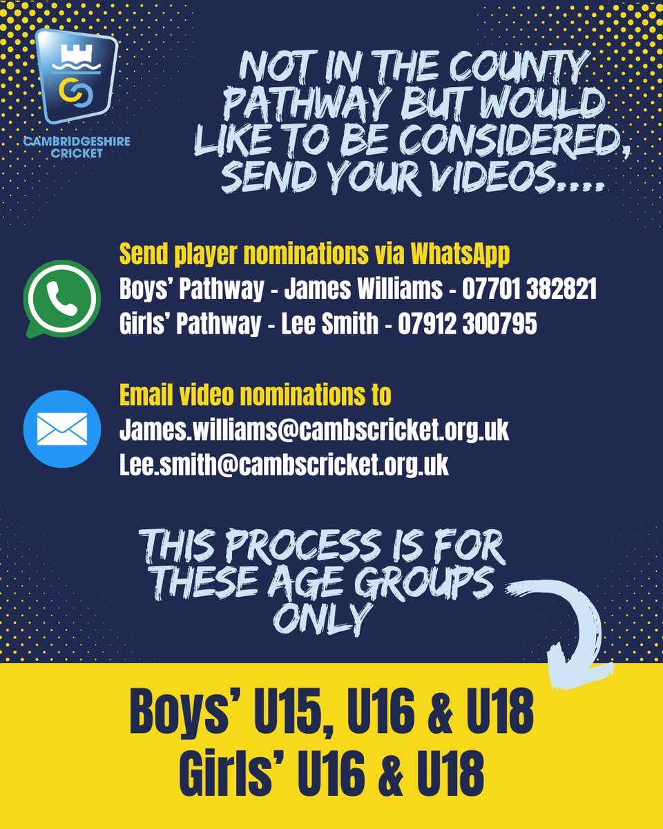 Tomorrow is the deadline to send Video Nominations in Batting, Spin &amp; Seam Bowling or Wicket Keeping for U15/U16 &amp; U18 boys + U16 &amp; U18 girls to be considered for the upcoming Cambridgeshire observations for 2025/2026 season

Click here for more info cambscricket.org.uk/cambridgeshire…