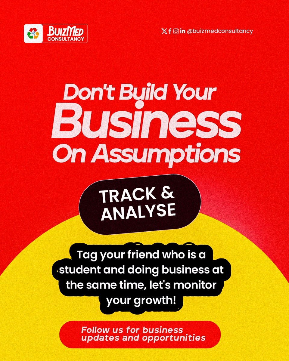 buizmed's tweet photo. Are you a student doing business?
Stop building on assumptions. Start tracking your growth.📊
Tag a friend who needs this reminder.
Follow @buizmedconsult for tips, tools & opportunities.
#StudentBusiness #TrackAndGrow #SmartSelling https://t.co/VBrvrNbX4E