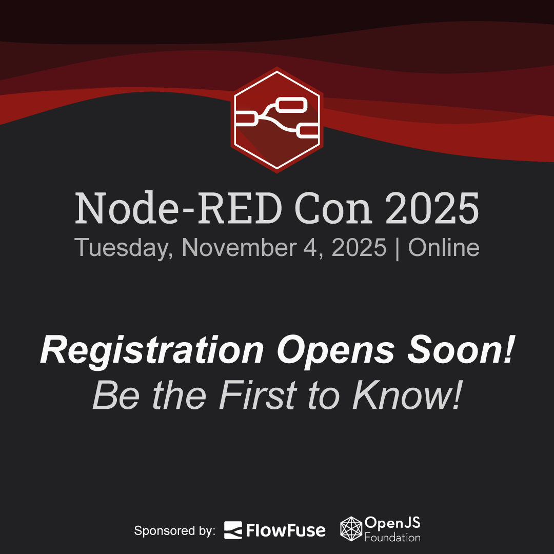 NodeRED's tweet image. 🎟️ Registration for Node-RED Con 2025 opens soon!

We’ll announce it here, but if you&apos;d like an email reminder, our sponsor @FlowFuse will send one out.

Sign up here: flowfuse.com/blog/2025/06/a…

#NodeRED #NodeREDCon2025
