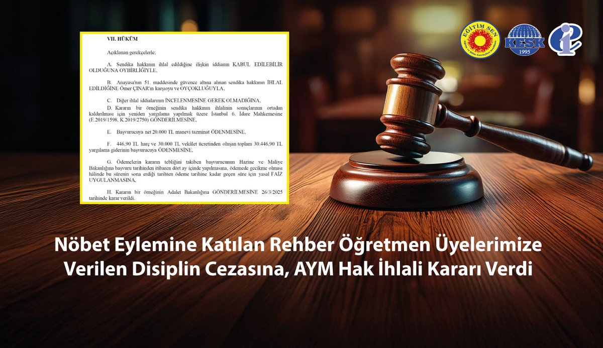 Eğitim Sen (@egitimsen) on Twitter photo 🔴Nöbet Eylemine Katılan Rehber Öğretmen Üyelerimize Verilen Disiplin Cezasına, AYM Hak İhlali Kararı Verdi
egitimsen.org.tr/nobet-eylemine… 🔴Nöbet Eylemine Katılan Rehber Öğretmen Üyelerimize Verilen Disiplin Cezasına, AYM Hak İhlali Kararı Verdi
egitimsen.org.tr/nobet-eylemine…