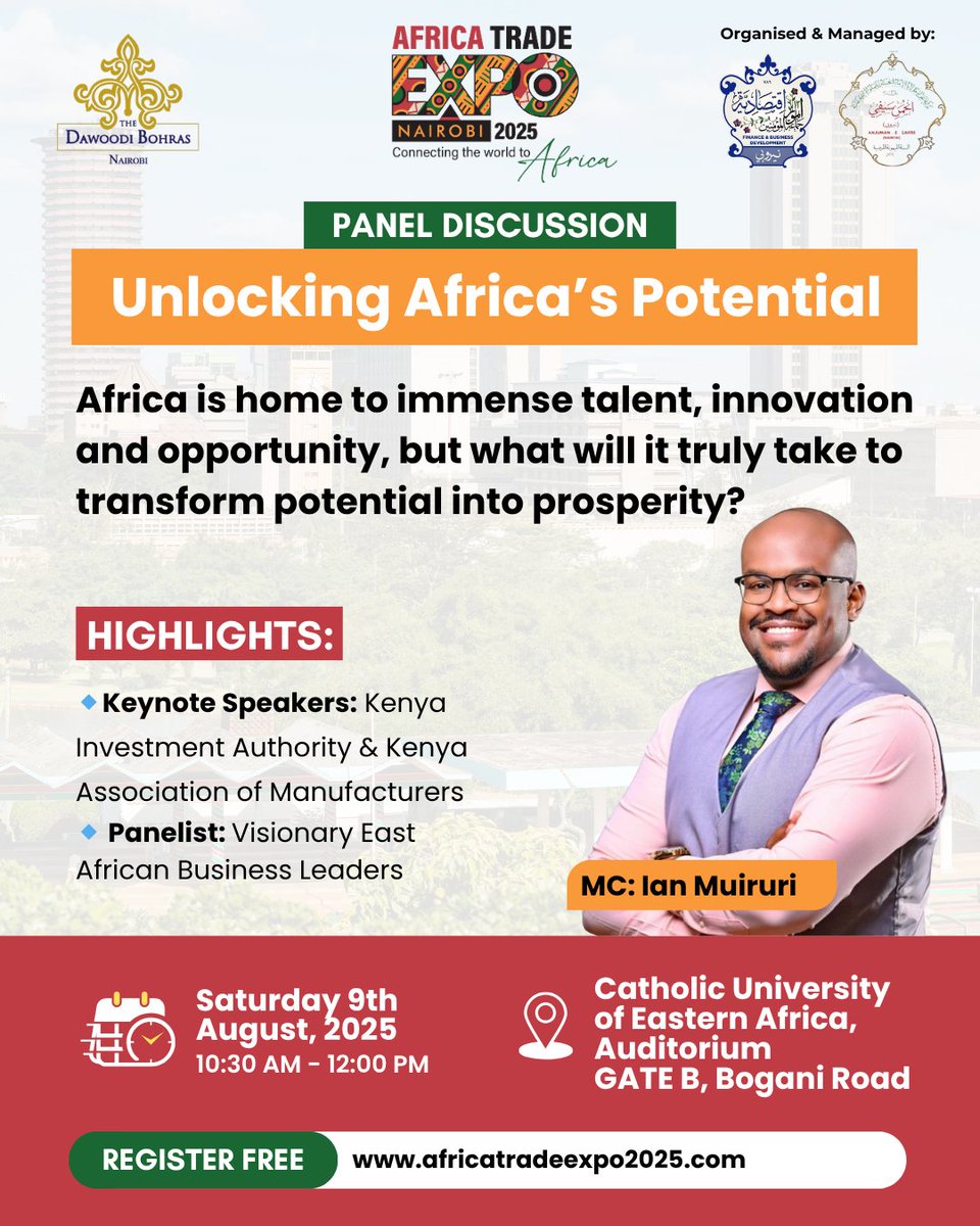 #ATE2025PanelDiscussion: Unlocking Africa's Potential🌍

Panel will gather visionary #EastAfrican business leaders to explore the bold ideas needed to build globally relevant, sustainable #AfricanEnterprises in today’s fast-evolving #economy

Register: africatradeexpo2025.com