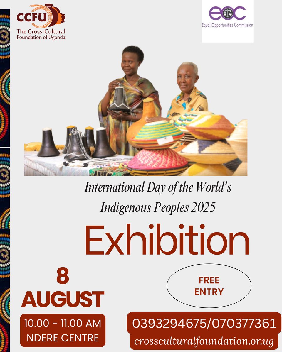Cross Cultural Foundation of Uganda (@ccfu_ngo) on Twitter photo 🌍 This #IndigenousPeoplesDay, we gather, honour & celebrate!
CCFU & <a href="/EOC_UG/">Equal Opportunities Commission</a> will host 15+ indigenous reps in dialogue with key stakeholders + a vibrant artefact exhibition. 🎤🪘
📅 8th Aug
📍 Ndere Centre 🌍 This #IndigenousPeoplesDay, we gather, honour & celebrate!
CCFU & <a href="/EOC_UG/">Equal Opportunities Commission</a> will host 15+ indigenous reps in dialogue with key stakeholders + a vibrant artefact exhibition. 🎤🪘
📅 8th Aug
📍 Ndere Centre