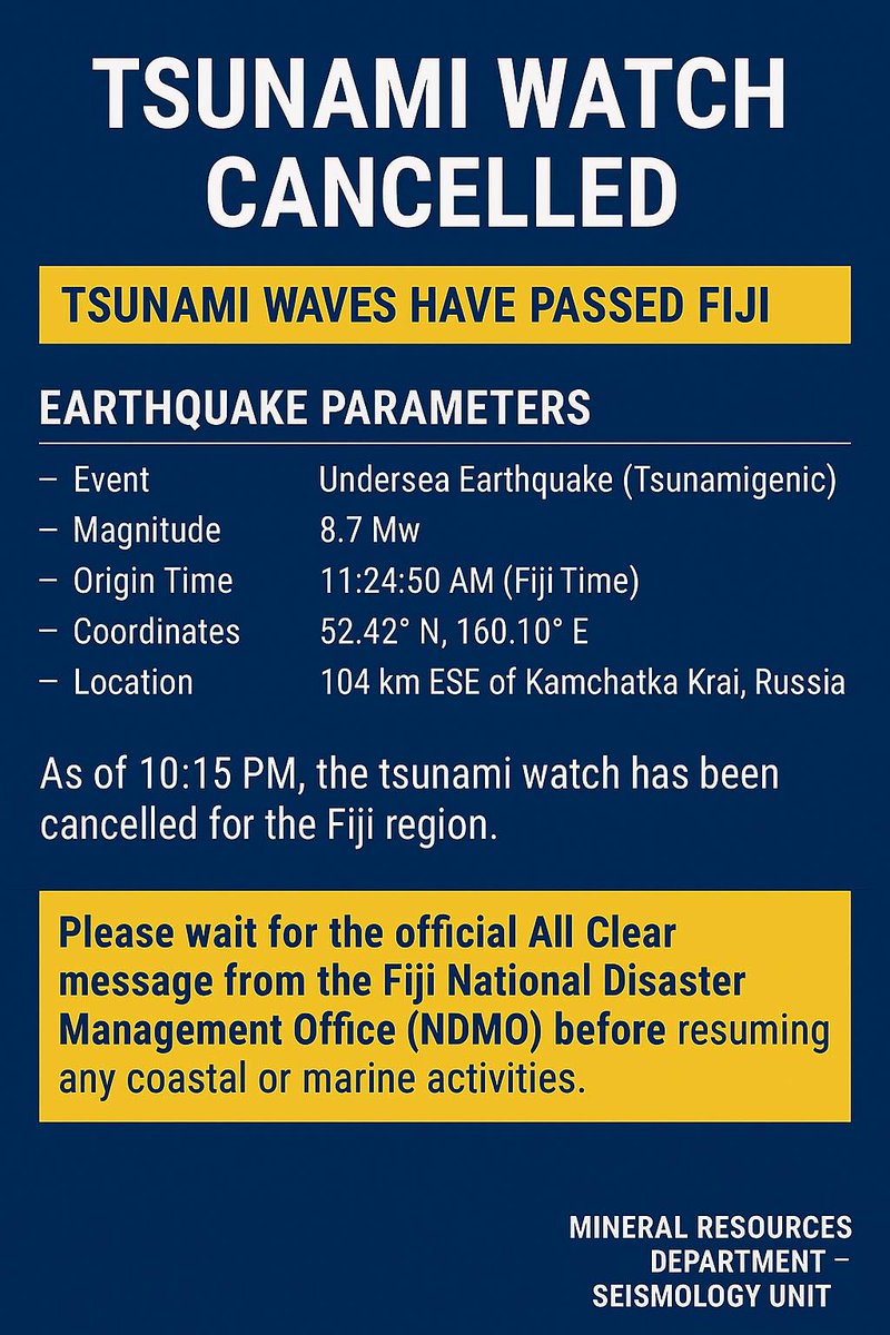 #Repost from <a href="/FijiSeismology/">Seismology Fiji</a>: Tsunami Watch Cancellation For Fiji