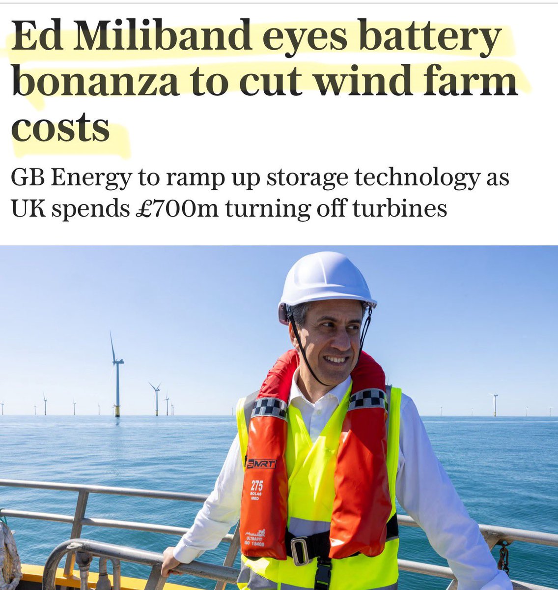 Bernie (@artemisfornow) on Twitter photo This article is so stupid it’s made my brain hurt.
Ed Miliband wants to save £700 million a year in wind farm payments ….  by spending £200–£400 BILLION on battery storage.
Er …
And the Telegraph seems to think 4–6 GW of battery capacity means we can power the country for a This article is so stupid it’s made my brain hurt.
Ed Miliband wants to save £700 million a year in wind farm payments ….  by spending £200–£400 BILLION on battery storage.
Er …
And the Telegraph seems to think 4–6 GW of battery capacity means we can power the country for a