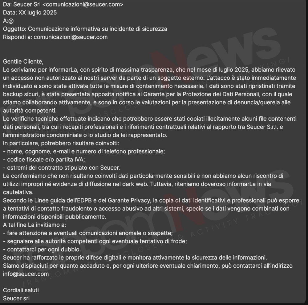 🚨 BREAKING: Seucer allegedly breached

Seucer SRL 🇮🇹 is in the process of notifying its customers following a #databreach that took place in July.

No ransom demanded.

#ransomNews #CyberSecurity #Infosec