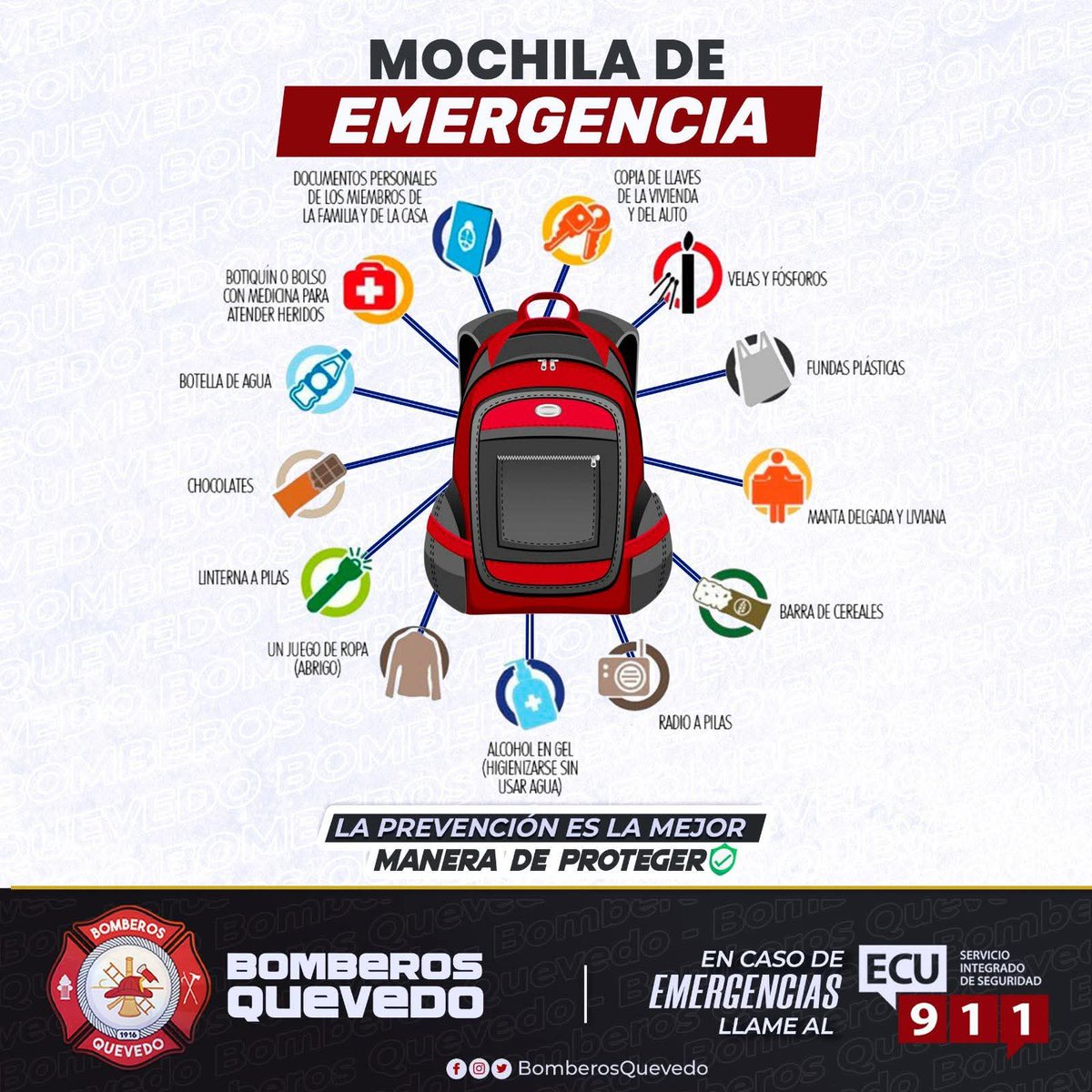 Bomberos_Queve's tweet photo. 🧑‍🚒 La #MochilaDeEmergencia 🎒 es importante para la supervivencia en medio de desastres naturales como terremotos, inundaciones, deslizamientos, etc. y debe contener algunos implementos como medicamentos.

#Atención // ¿Cómo preparar nuestra mochila de emergencia? 🆘 https://t.co/IFbpXt5Zdx