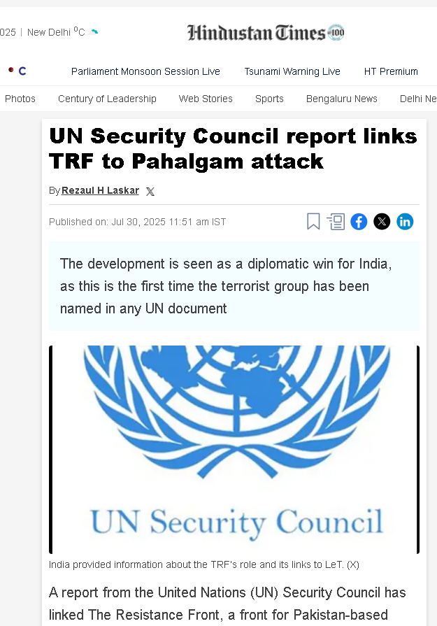 harryminat1's tweet image. 🇮🇳 India one step closer to getting ‘TRF’ sanctioned by the UNSC 1267 Sanctions Committee!
💼 UNSC Monitoring Report mentions TRF
🔴 TRF published Pahalgam attack site photo: UNSC Report
📌 The attack couldn’t have happened without LeT support: UNSC report