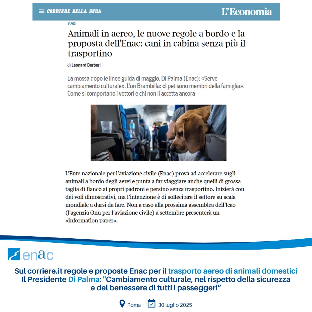 ENAC - Ente Nazionale per l'Aviazione Civile (@enacgov) on Twitter photo Articolo @corriere di <a href="/leonard_berberi/">Leonard Berberi</a> su novità #Enac a favore #TrasportoAereo in cabina #PET di taglia grande. Pres. Di Palma: “Cambiamento culturale, per far viaggiare gli animali domestici accanto ai proprietari, in quanto membri della famiglia”. Link: bit.ly/trasporto-aere… Articolo @corriere di <a href="/leonard_berberi/">Leonard Berberi</a> su novità #Enac a favore #TrasportoAereo in cabina #PET di taglia grande. Pres. Di Palma: “Cambiamento culturale, per far viaggiare gli animali domestici accanto ai proprietari, in quanto membri della famiglia”. Link: bit.ly/trasporto-aere…