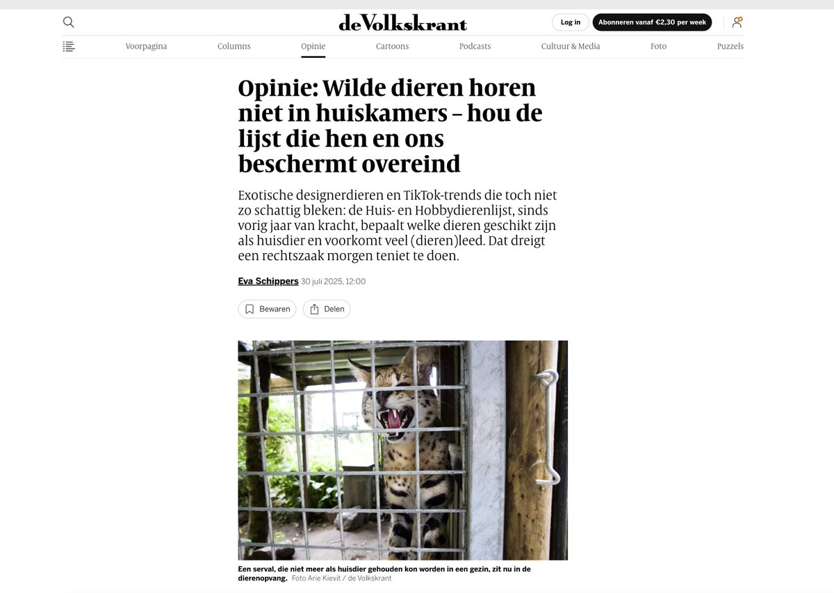 Vandaag in <a href="/volkskrant/">de Volkskrant</a>: opiniestuk van Eva Schippers, hoofd Opvang en Rehabilitatie bij AAP. Omdat tegenstanders deze week de Huis- en Hobbydierenlijst aanvechten voor de rechter, legt zij uit waarom strengere regels nodig zijn om dierenleed te voorkomen: bit.ly/OpinieVolkskra…