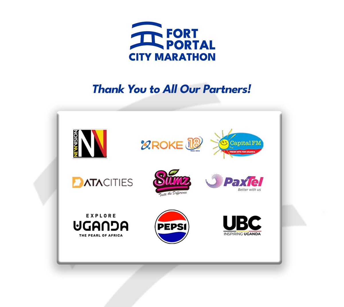 Fort Portal City Marathon (@fpcitymarathon) on Twitter photo We're still electrified from the #fortportalcitymarathon, and we couldn't have done it without our amazing partners!
A huge THANK YOU for trusting us and making #aruninparadise a reality. This success is because of you! 🙌
cc:
<a href="/CapitalFMUganda/">Capital FM Uganda</a> <a href="/DataCitiesUg/">DataCities Initiative</a> <a href="/roketelkomug/">Roke Telkom</a> We're still electrified from the #fortportalcitymarathon, and we couldn't have done it without our amazing partners!
A huge THANK YOU for trusting us and making #aruninparadise a reality. This success is because of you! 🙌
cc:
<a href="/CapitalFMUganda/">Capital FM Uganda</a> <a href="/DataCitiesUg/">DataCities Initiative</a> <a href="/roketelkomug/">Roke Telkom</a>