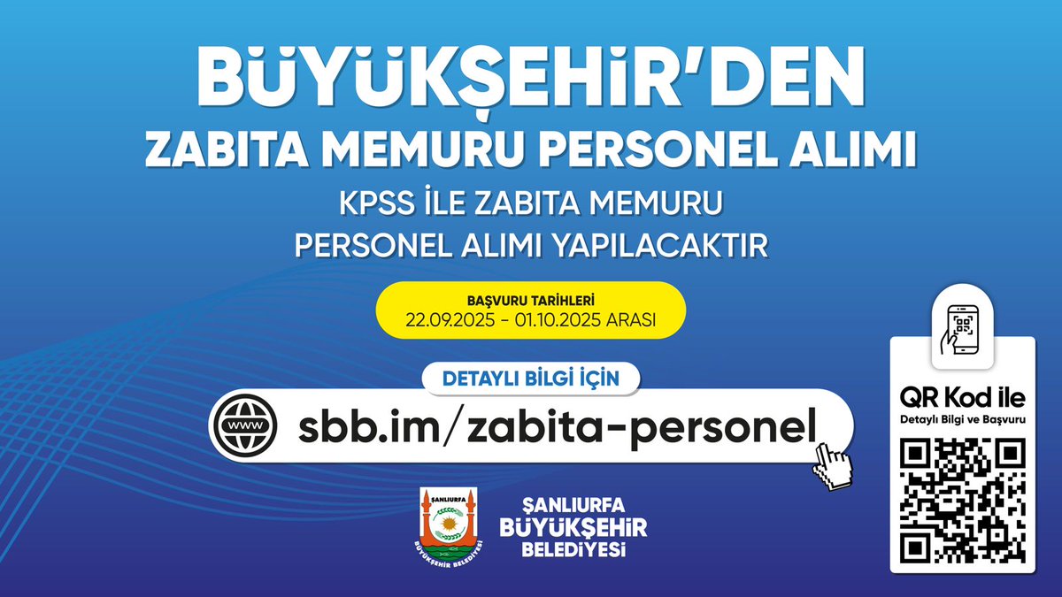 BÜYÜKŞEHİR’DEN ZABITA MEMURU PERSONEL ALIMI👮‍♂️ 

Şanlıurfa Büyükşehir Belediyesi bünyesinde görevlendirilmek üzere KPSS ile Zabıta Memuru alımı yapılacaktır. Şanlıurfa’mızın huzur ve düzenine katkı sunacak yeni zabıta personellerimizi bekliyoruz!

Başvurmak isteyen adaylar için