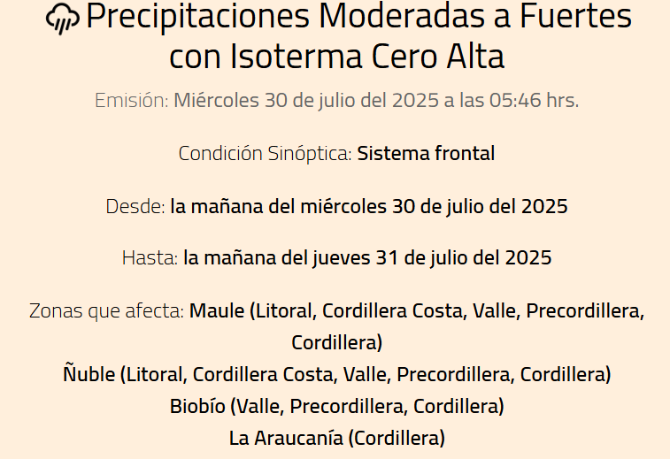 Nimbus Meteorología (@nimbusmeteorol) on Twitter photo Actualización más reciente de la #alerta meteorológica de <a href="/meteochile_dmc/">MeteoChile</a> por precipitaciones moderadas a fuertes con isoterma cero alta. Actualización más reciente de la #alerta meteorológica de <a href="/meteochile_dmc/">MeteoChile</a> por precipitaciones moderadas a fuertes con isoterma cero alta.