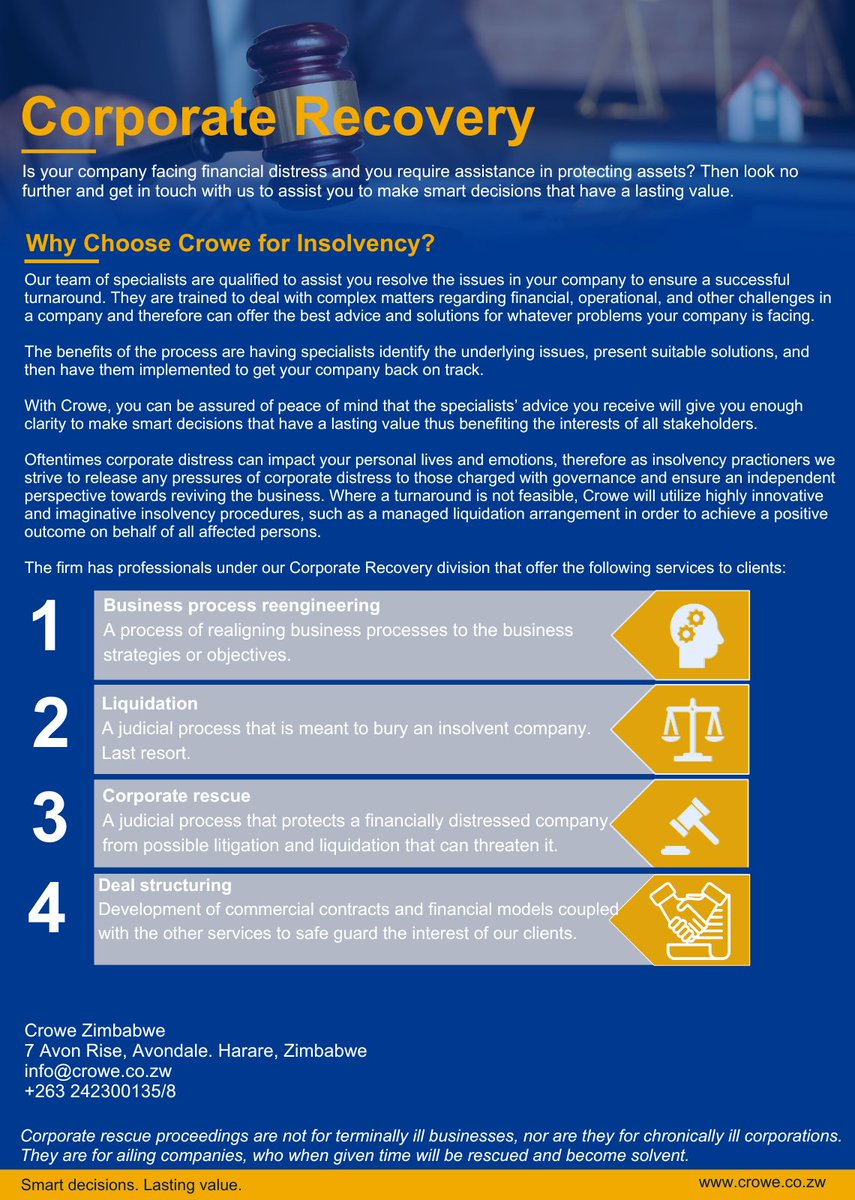 Is your business under pressure?
Let’s talk about how we can help you stabilise, restructure, or exit with dignity, whatever the right path may be.
Reach out today for a confidential conversation.
+263 242 300 135/8
info@crowe.co.zw
crowe.co.zw
#CorporateRecovery